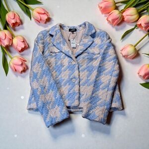 🦋🔥Express Blue/Cream Acrylic Houndstooth Small Button Blazer. NWT